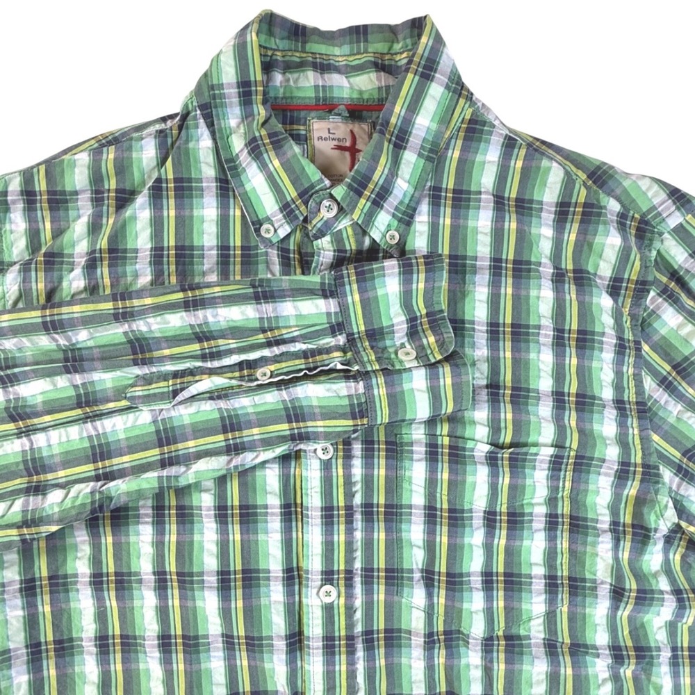 Relwen Button Down Shirt Mens Large Plaid Stretch Performance Green Shirt